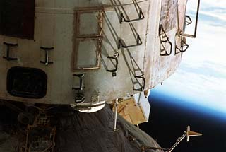 View of the exterior of the Mir space station Base Block.